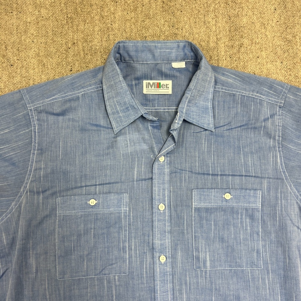 Vintage IMiller Chambray Button Up Shirt Mens‎ XL Blue 1970s Short Sleeve - Picture 2 of 11